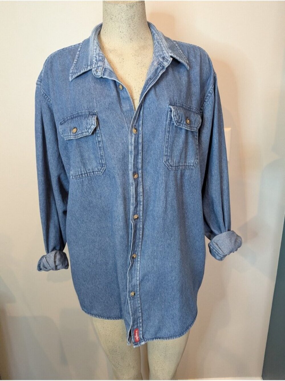 Vintage 90s Wrangler shirt Light-weight denim. Distressed faded with patina 2XL